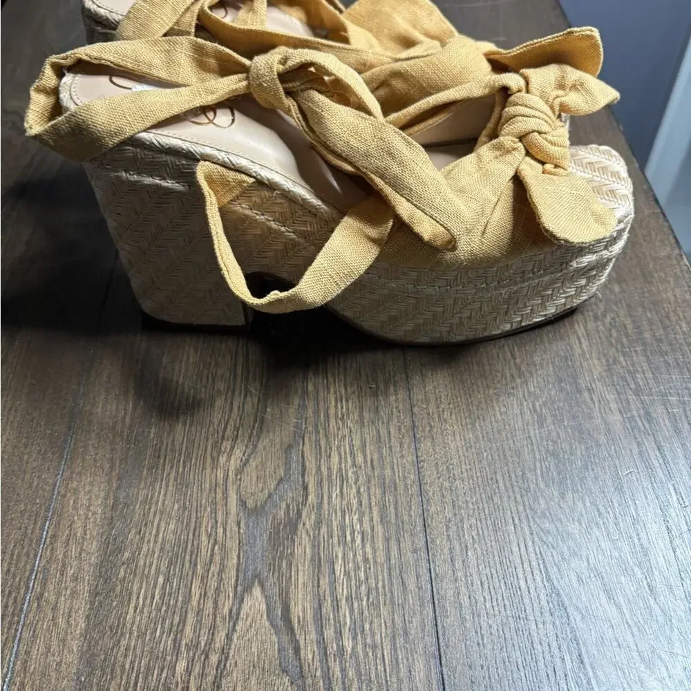 Sam Edelman Tula Tan Wedge Ankle Tie Espadrille Sandal Bow 5” Heel 9.5